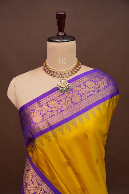 Pure Gadwal Silk Saree - Yellow with Purple|Silk Mark Certified