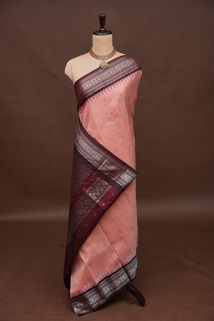 Pure Gadwal Silk Saree - Peach with Maroon|Silk Mark Certified