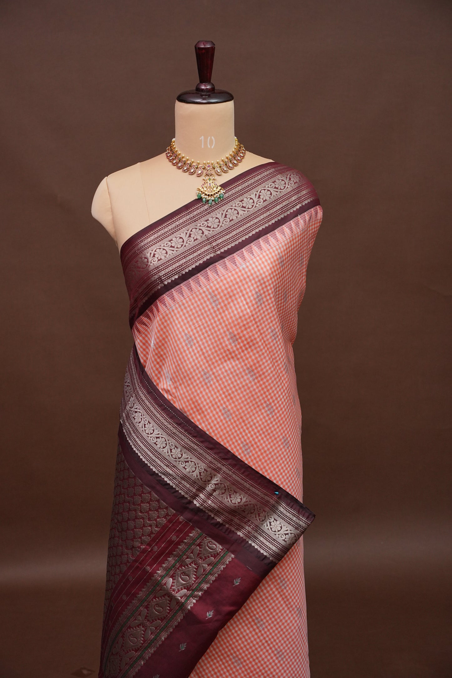 Pure Gadwal Silk Saree - Peach with Maroon|Silk Mark Certified