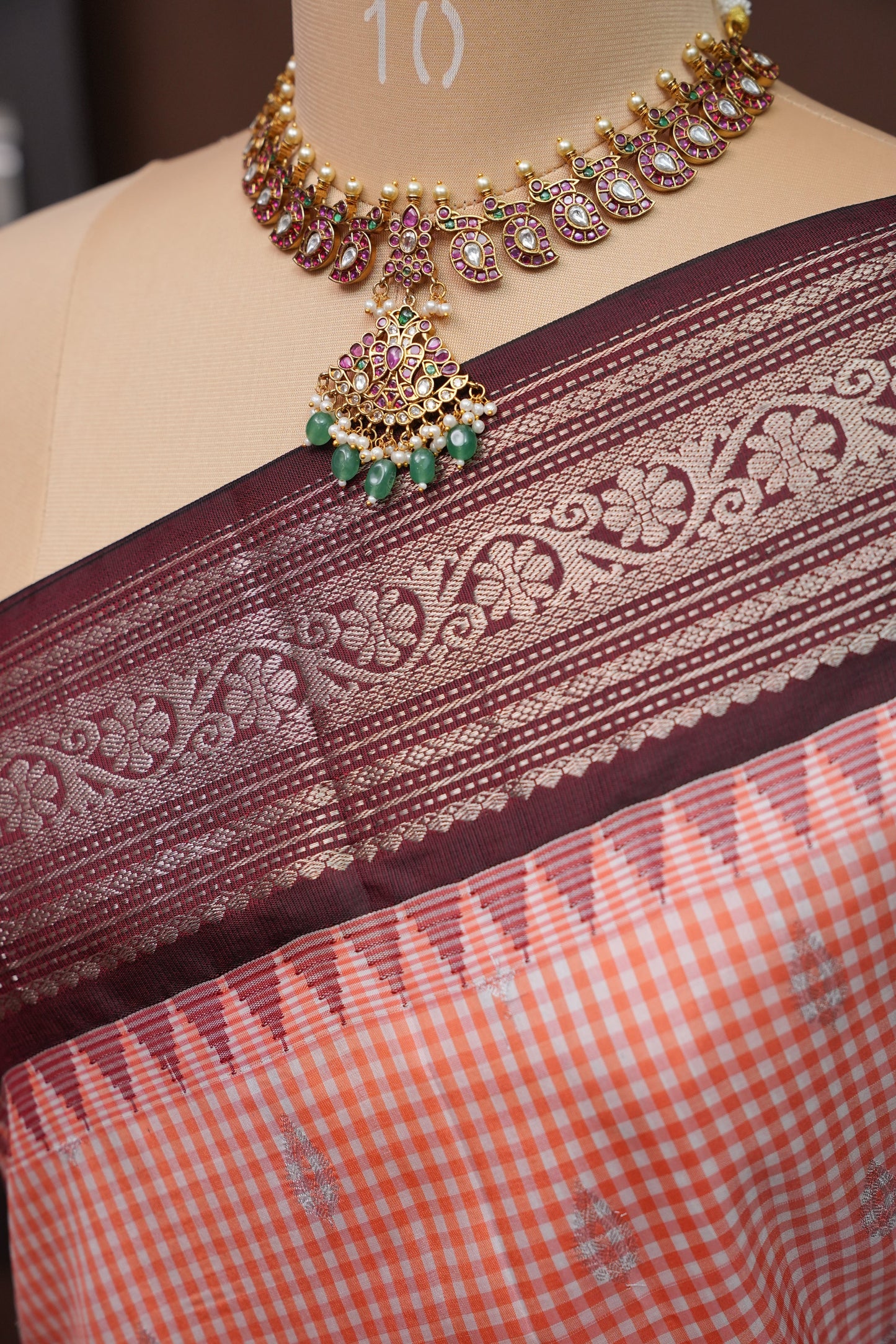 Pure Gadwal Silk Saree - Peach with Maroon|Silk Mark Certified