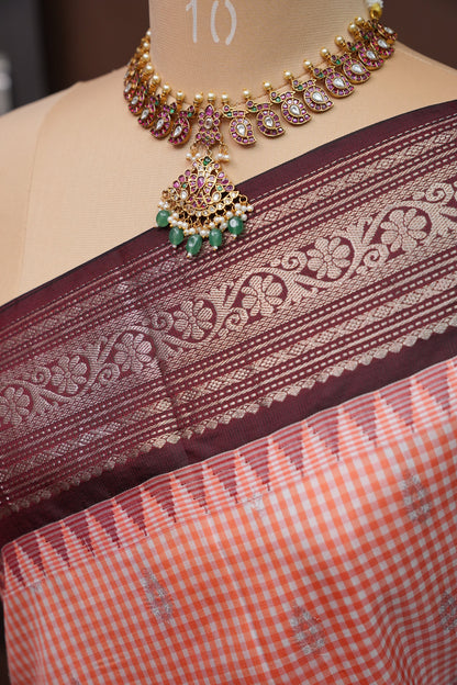 Pure Gadwal Silk Saree - Peach with Maroon|Silk Mark Certified