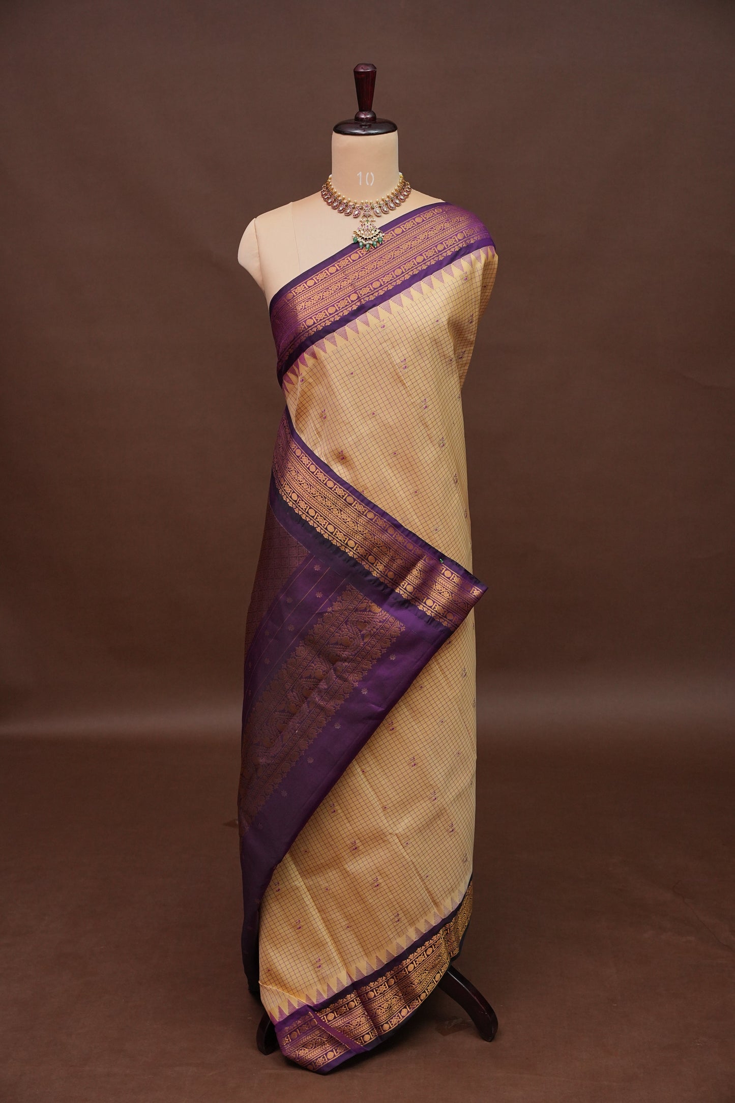 Pure Gadwal Silk Saree - Beige with Deep Purple|Silk Mark Certified