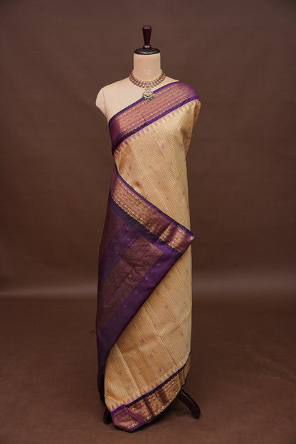 Pure Gadwal Silk Saree - Beige with Deep Purple|Silk Mark Certified