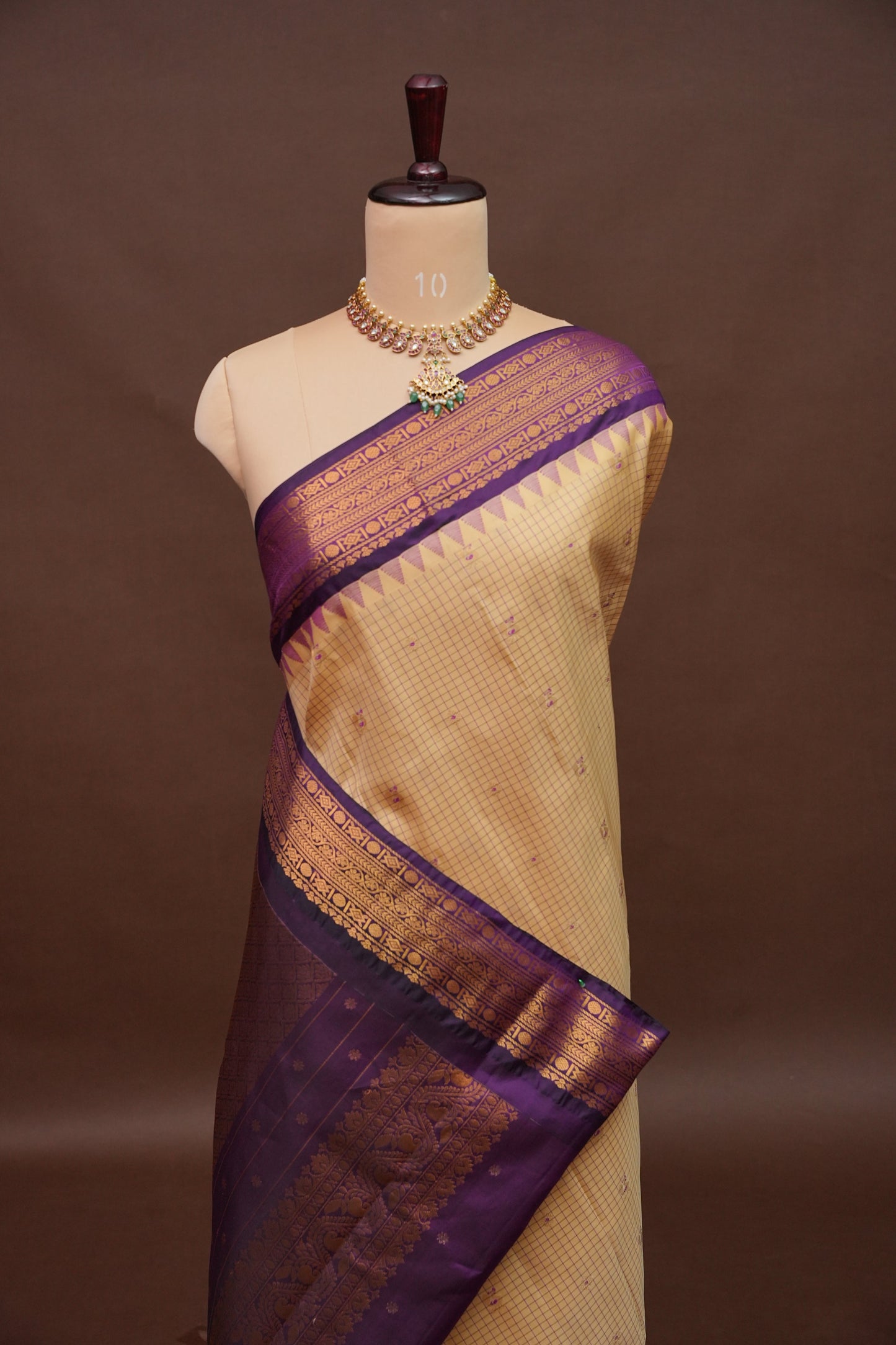 Pure Gadwal Silk Saree - Beige with Deep Purple|Silk Mark Certified