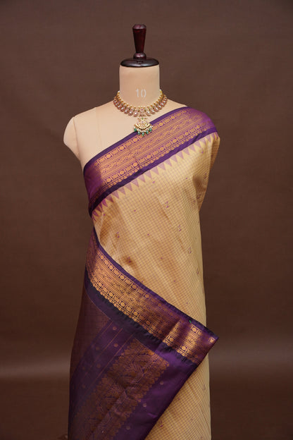 Pure Gadwal Silk Saree - Beige with Deep Purple|Silk Mark Certified