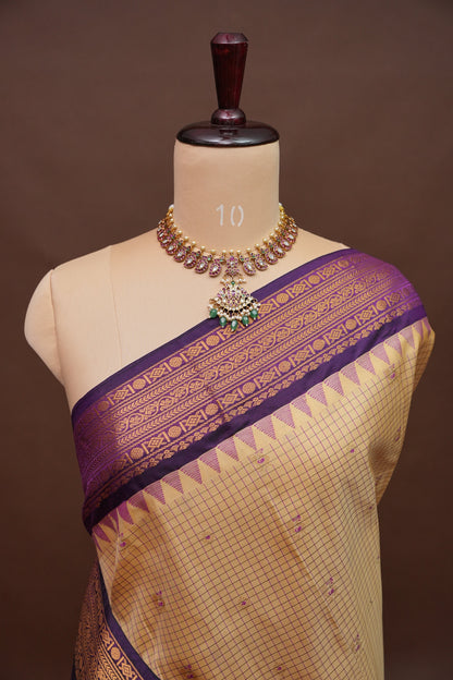 Pure Gadwal Silk Saree - Beige with Deep Purple|Silk Mark Certified