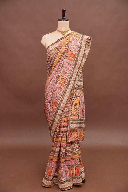 Peach, Mustard Yellow & Multicolour Heritage Print Party Wear Saree