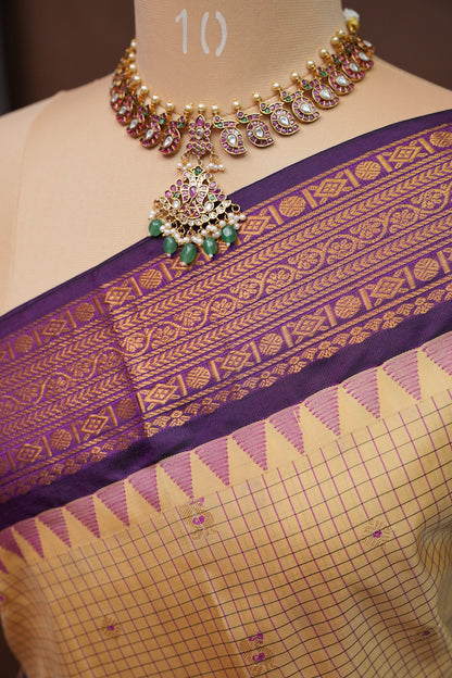 Pure Gadwal Silk Saree - Beige with Deep Purple|Silk Mark Certified