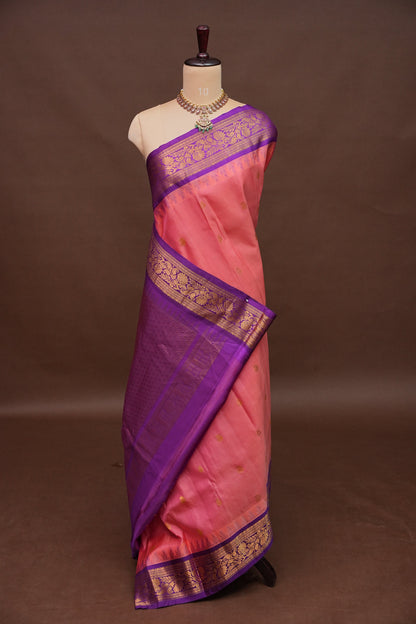 Pure Gadwal Silk Saree - Candy Pink with Deep Purple|Silk Mark Certified