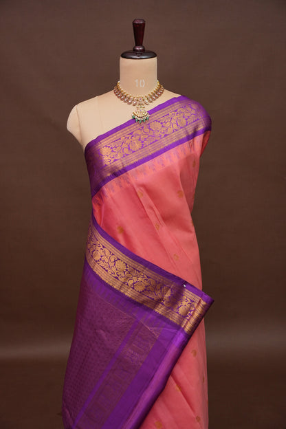 Pure Gadwal Silk Saree - Candy Pink with Deep Purple|Silk Mark Certified