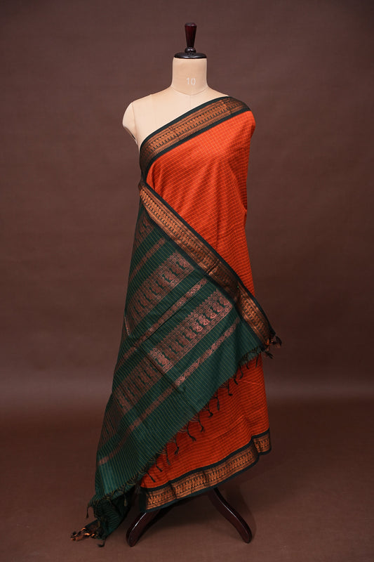 Checkered Kalyani Cotton Silk Saree - Orange