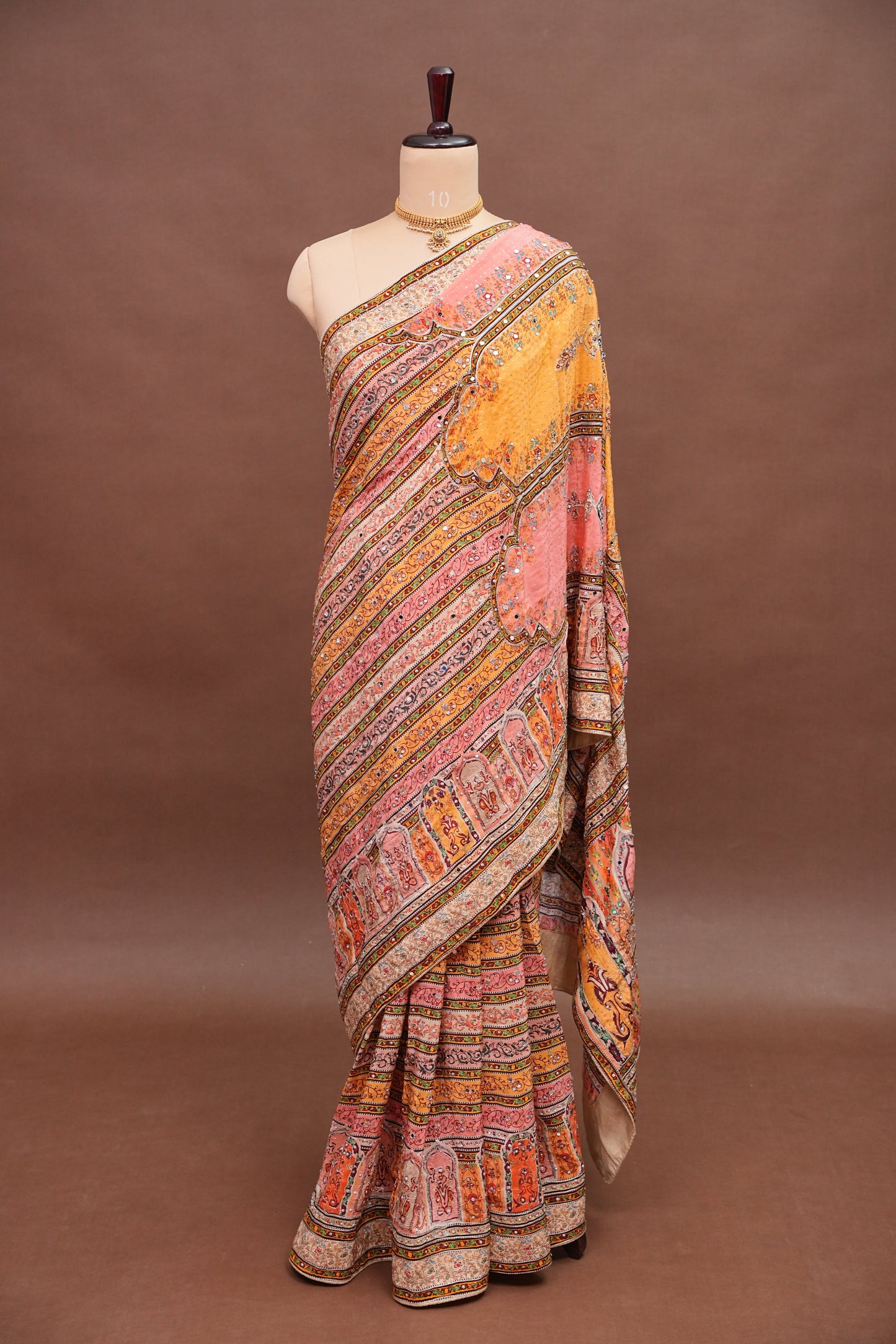 Peach, Mustard Yellow & Multicolour Heritage Print Party Wear Saree