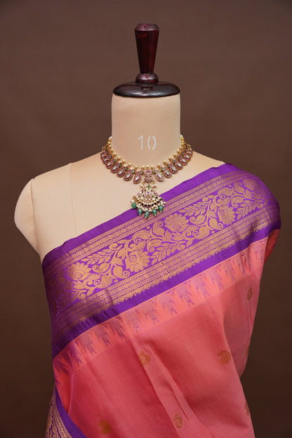 Pure Gadwal Silk Saree - Candy Pink with Deep Purple|Silk Mark Certified