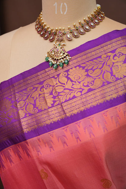 Pure Gadwal Silk Saree - Candy Pink with Deep Purple|Silk Mark Certified