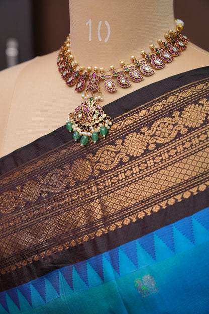 Pure Gadwal Silk Saree - Blue with Black|Silk Mark Certified