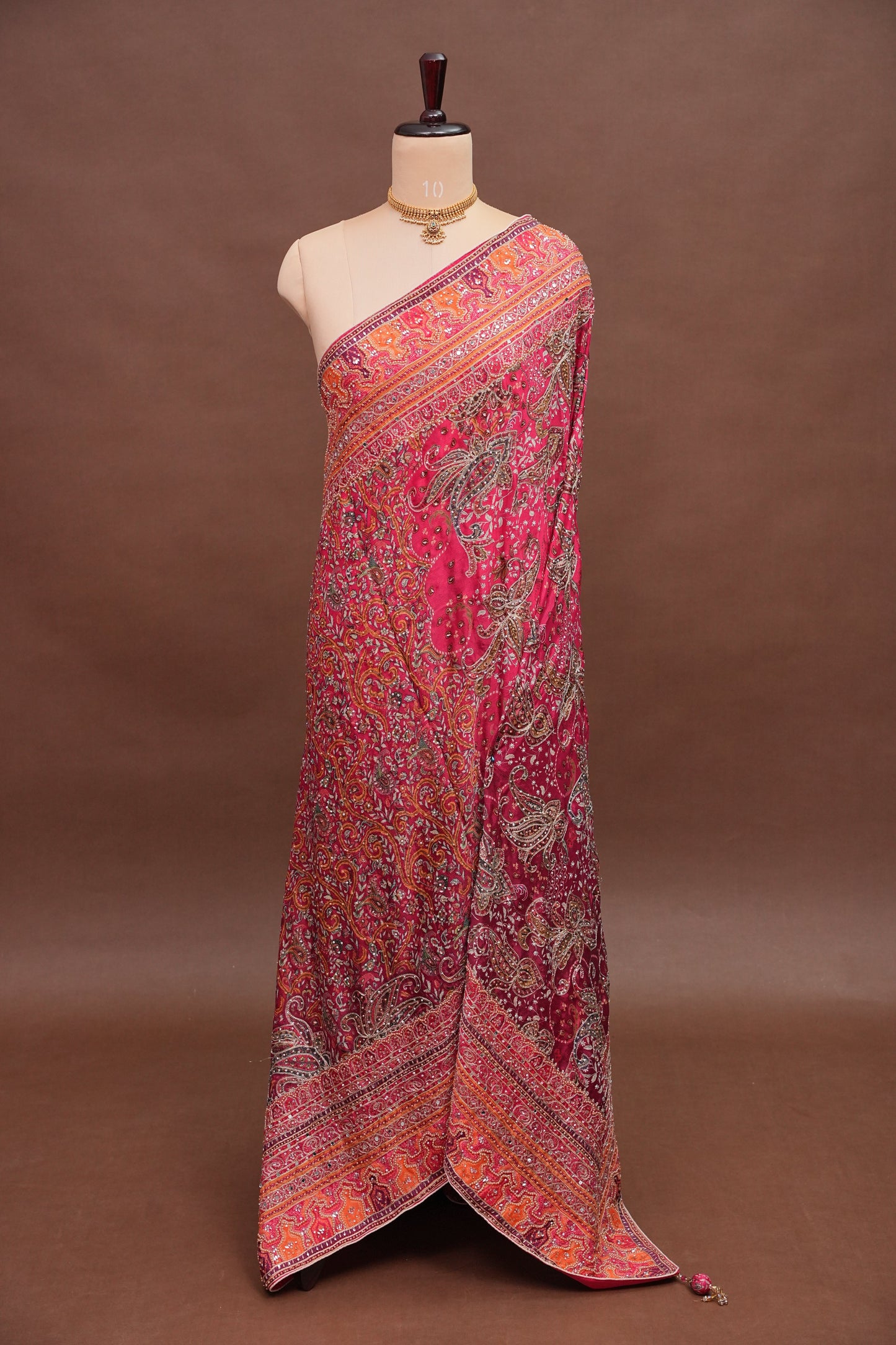 Rani Pink Designer Party Wear Saree with Intricate Paisley Embellishments