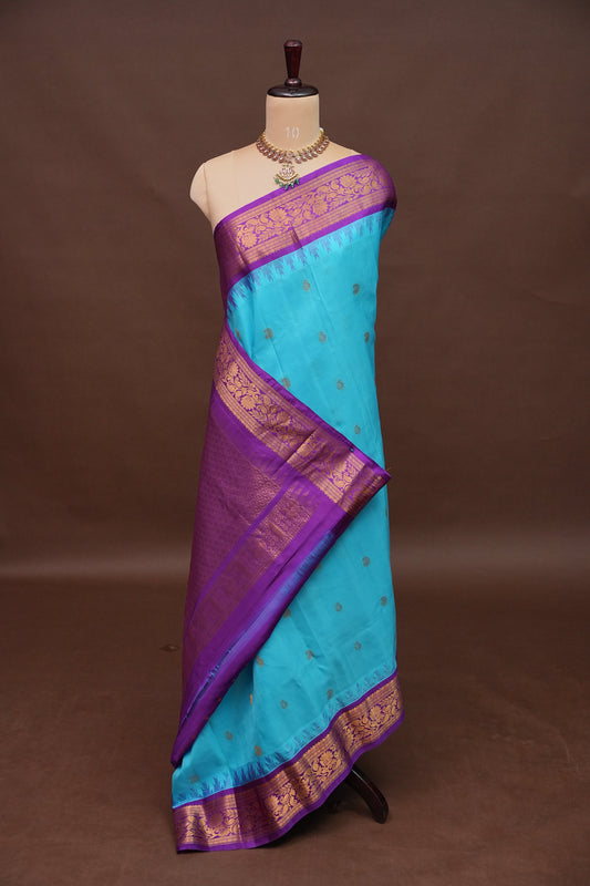 Pure Gadwal Silk Saree - Turquoise Blue with Deep Purple|Silk Mark Certified