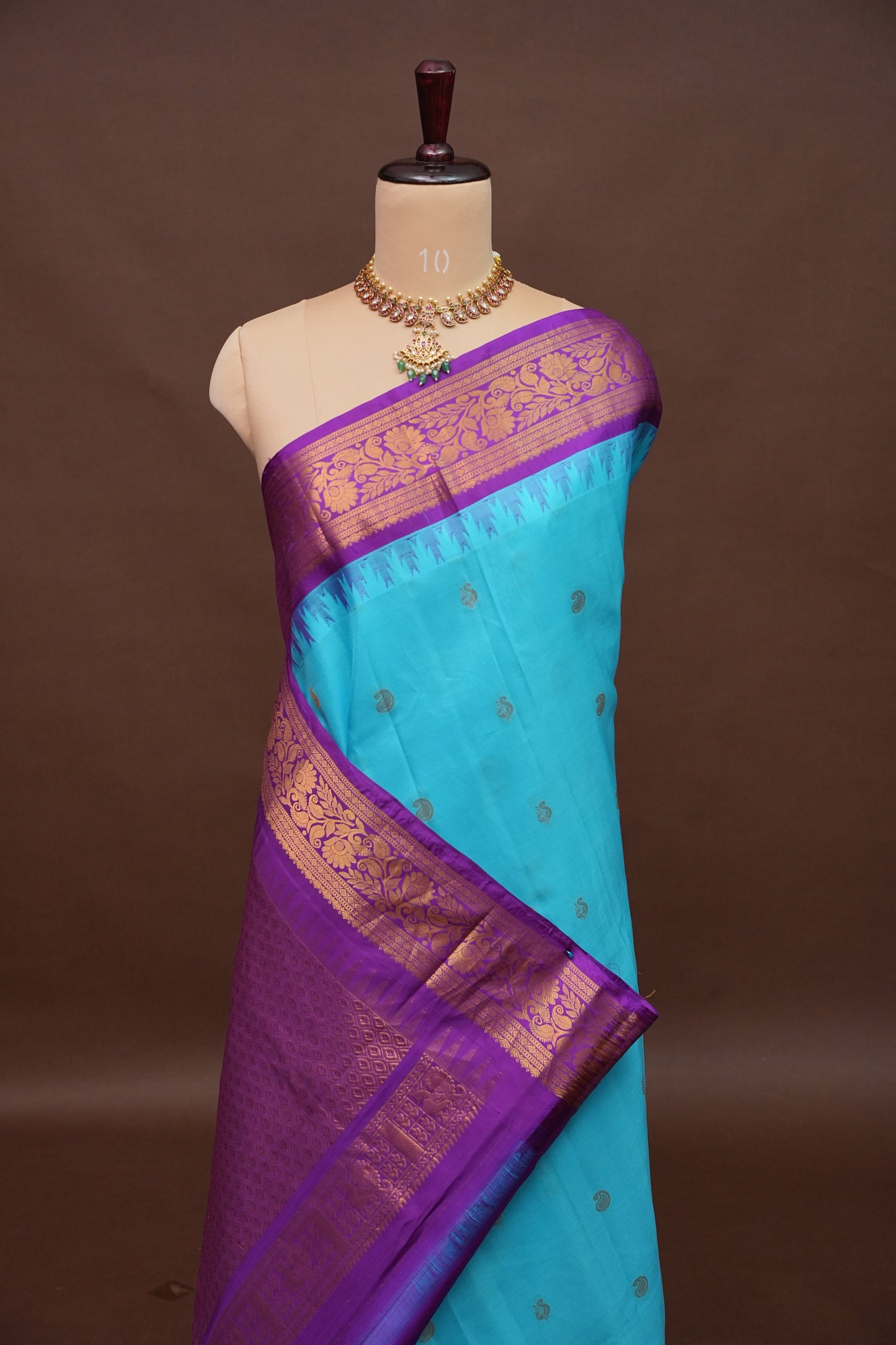 Pure Gadwal Silk Saree - Turquoise Blue with Deep Purple|Silk Mark Certified