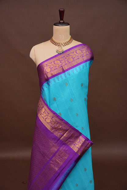 Pure Gadwal Silk Saree - Turquoise Blue with Deep Purple|Silk Mark Certified