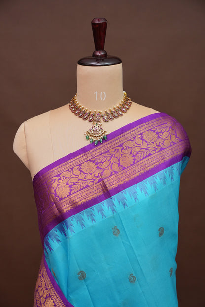 Pure Gadwal Silk Saree - Turquoise Blue with Deep Purple|Silk Mark Certified