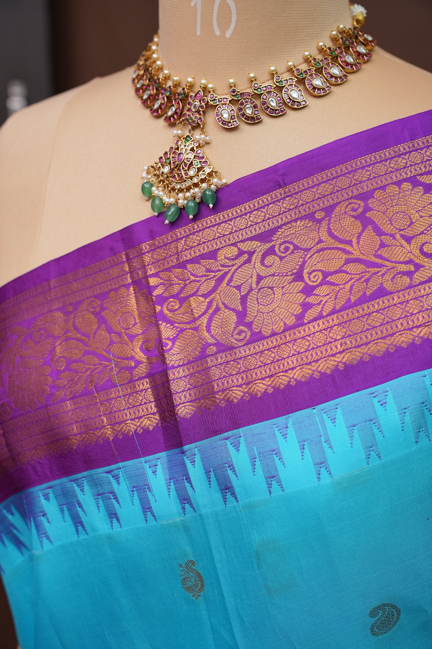 Pure Gadwal Silk Saree - Turquoise Blue with Deep Purple|Silk Mark Certified