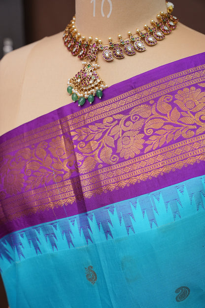 Pure Gadwal Silk Saree - Turquoise Blue with Deep Purple|Silk Mark Certified