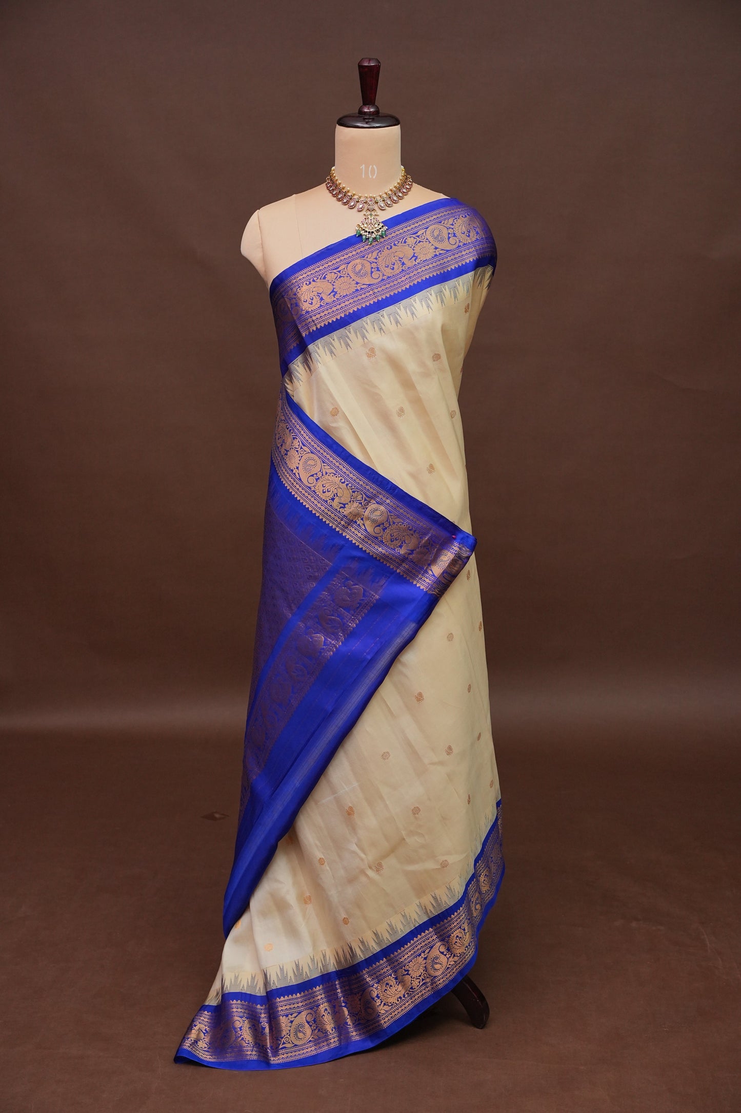 Pure Gadwal Silk Saree - Soft Ivory and Royal Blue|Silk Mark Certified