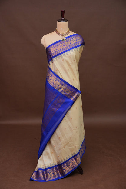 Pure Gadwal Silk Saree - Soft Ivory and Royal Blue|Silk Mark Certified