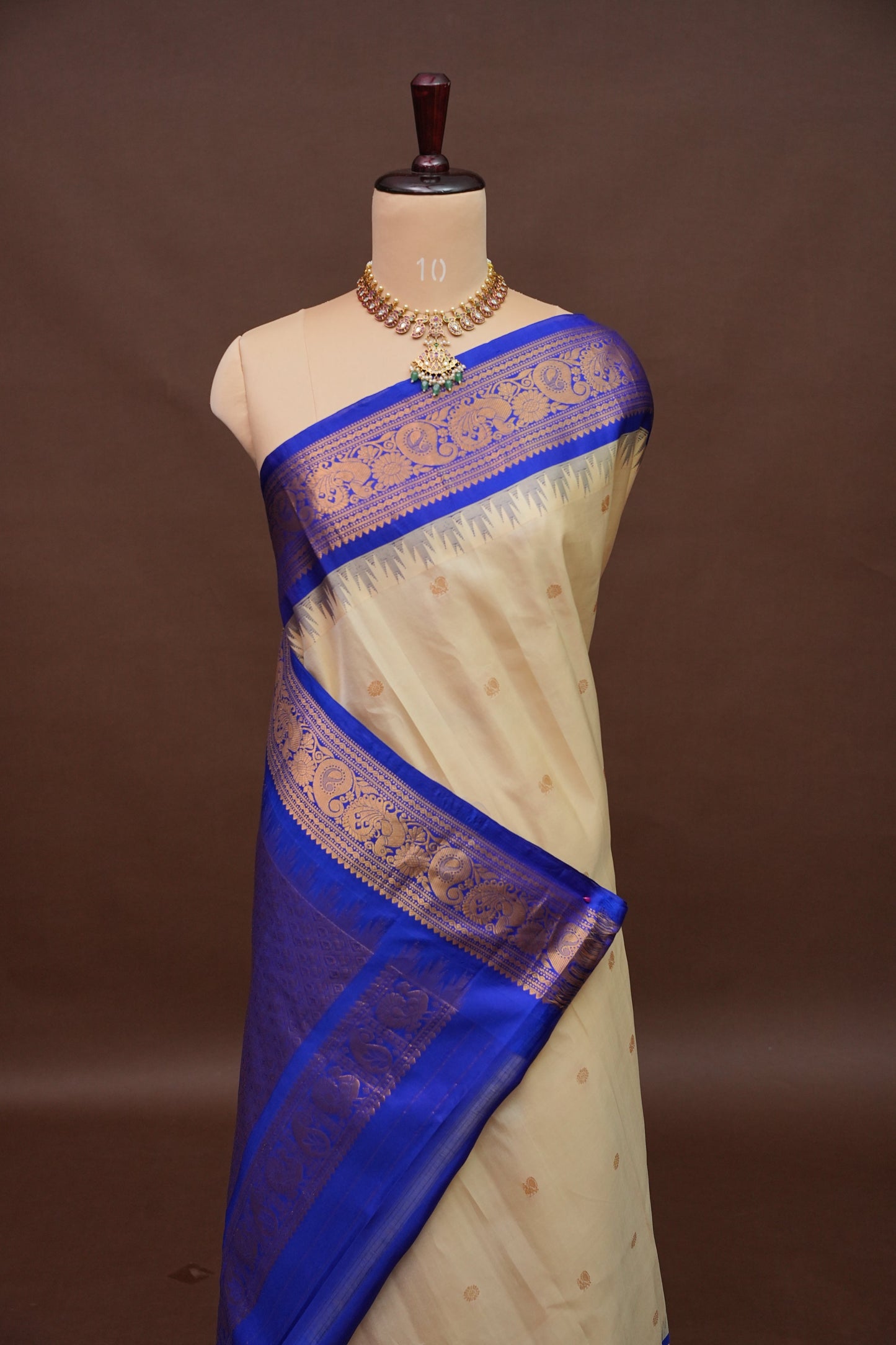 Pure Gadwal Silk Saree - Soft Ivory and Royal Blue|Silk Mark Certified