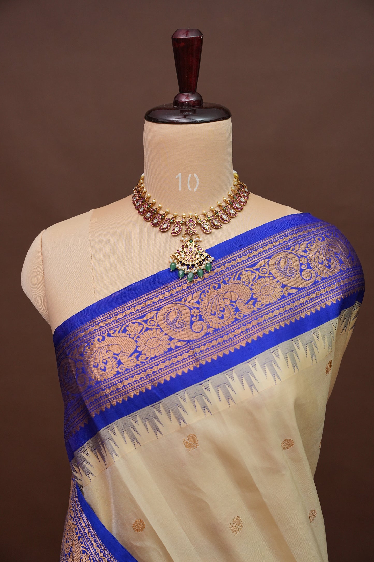Pure Gadwal Silk Saree - Soft Ivory and Royal Blue|Silk Mark Certified