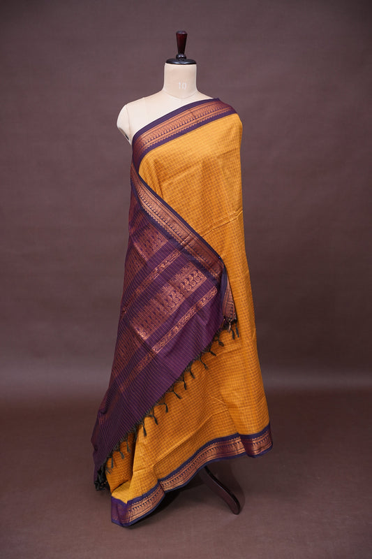 Checkered Kalyani Cotton Silk Saree - Yellow