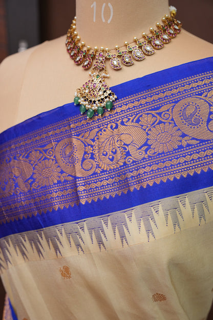 Pure Gadwal Silk Saree - Soft Ivory and Royal Blue|Silk Mark Certified