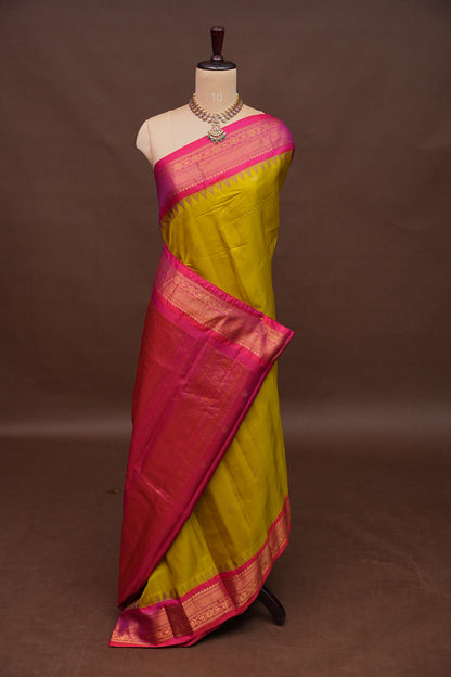 Pure Gadwal Silk Saree - Parrot Green and Hot Pink|Silk Mark Certified