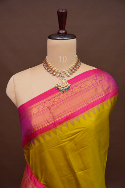 Pure Gadwal Silk Saree - Parrot Green and Hot Pink|Silk Mark Certified