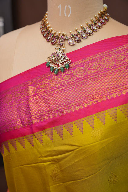 Pure Gadwal Silk Saree - Parrot Green and Hot Pink|Silk Mark Certified
