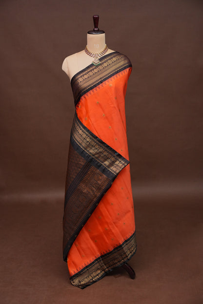 Pure Gadwal Silk Saree - Orange and Black|Silk Mark Certified