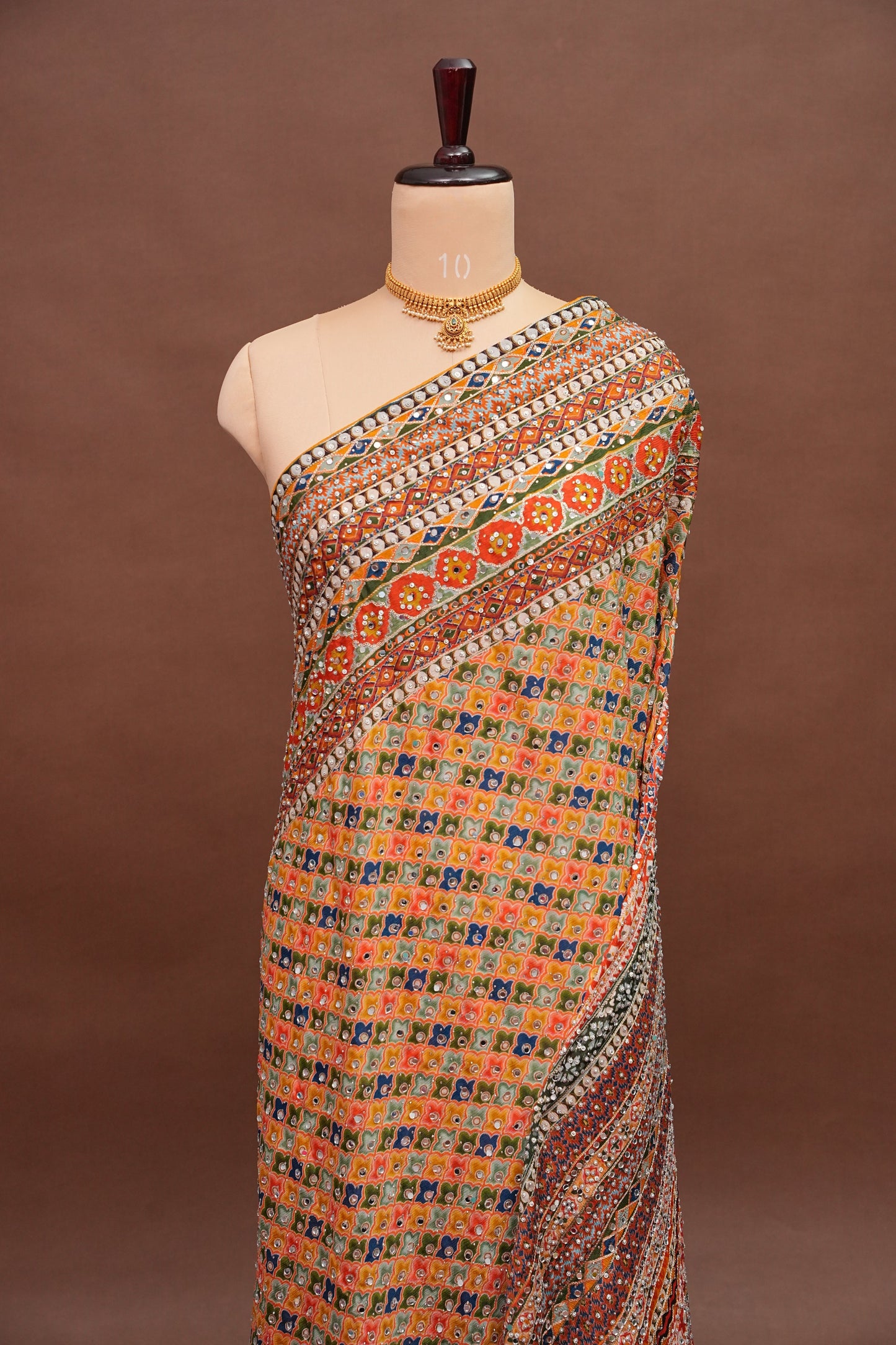 Multicolour Mirror Work Party Wear Saree with Designer Blouse