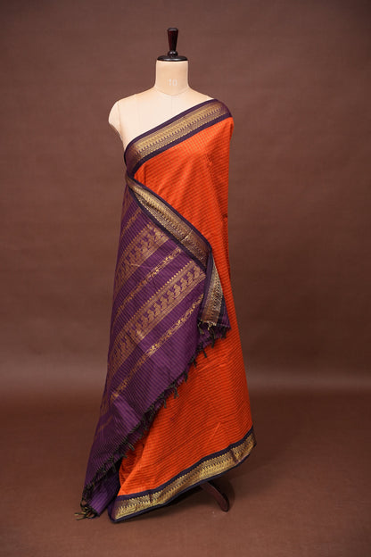 Checkered Kalyani Cotton Silk Saree - Orange