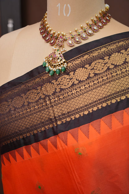 Pure Gadwal Silk Saree - Orange and Black|Silk Mark Certified