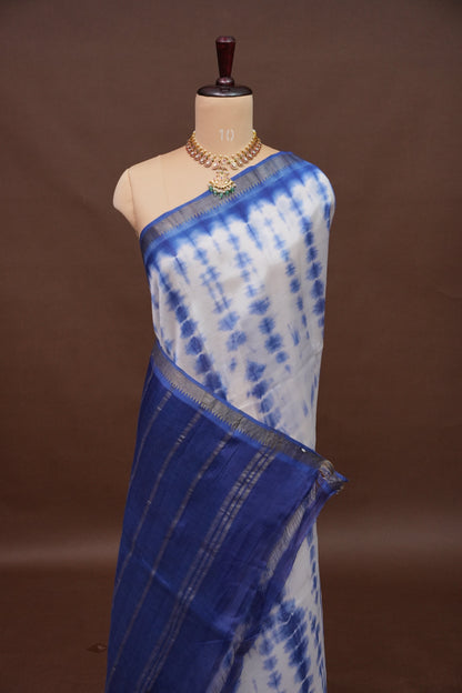 Mangalagiri Silk Shibori Tie & Dye Saree - Indigo Blue & Ivory
