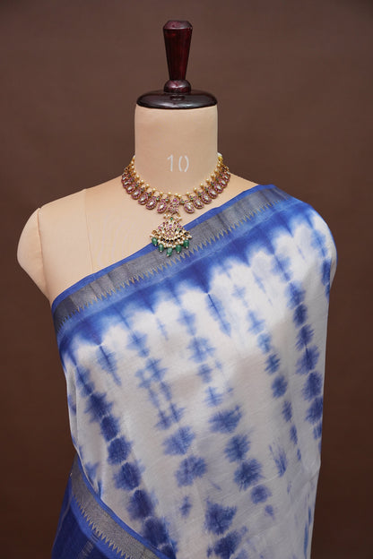 Mangalagiri Silk Shibori Tie & Dye Saree - Indigo Blue & Ivory