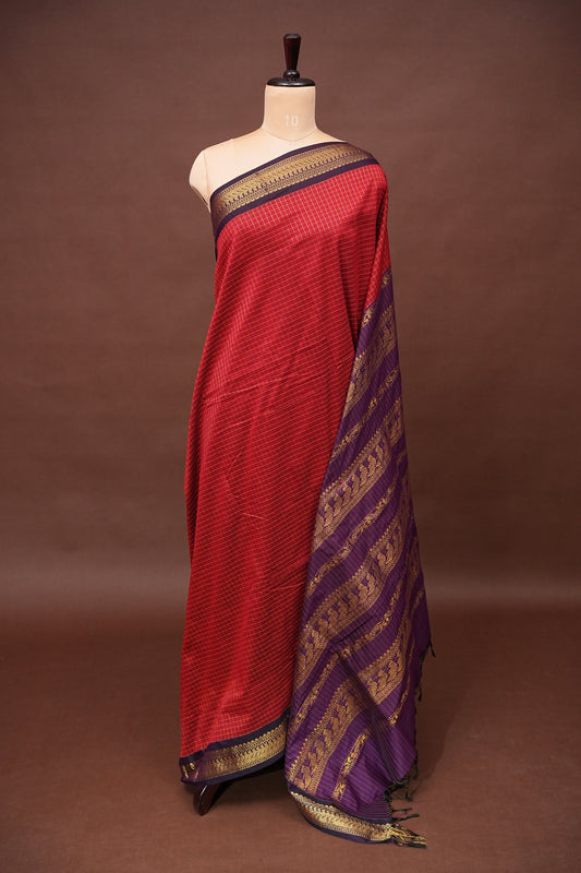 Checkered Kalyani Cotton Silk Saree - Red