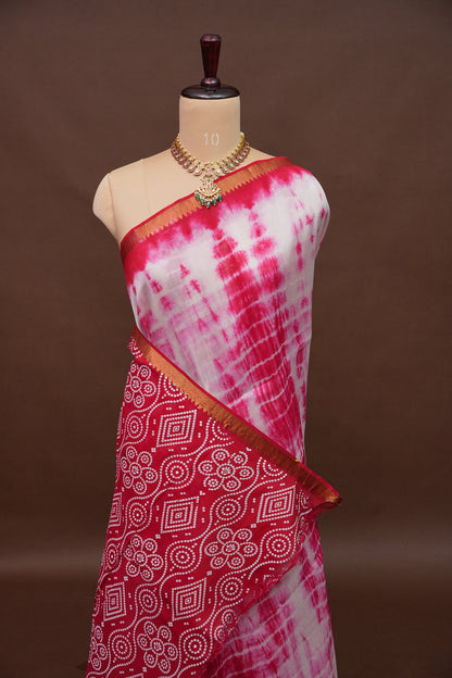 Mangalagiri Silk Shibori Tie & Dye Saree - Red & Ivory White