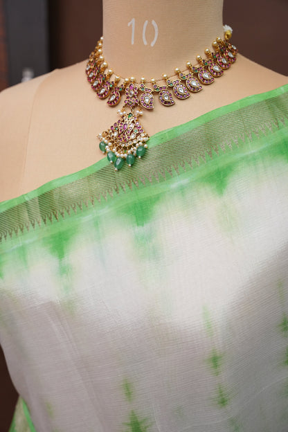 Mangalagiri Silk Shibori Tie & Dye Saree - White with Leaf Green