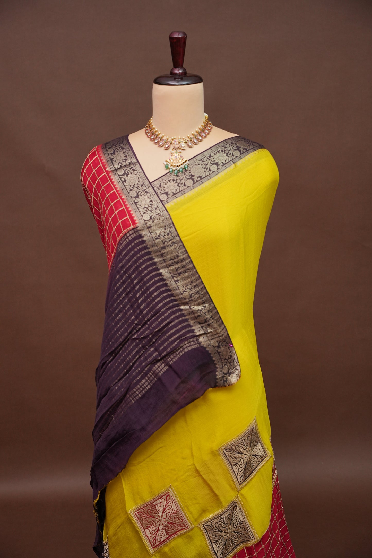Banarasi Georgette Crepe Saree - Yellow and Red