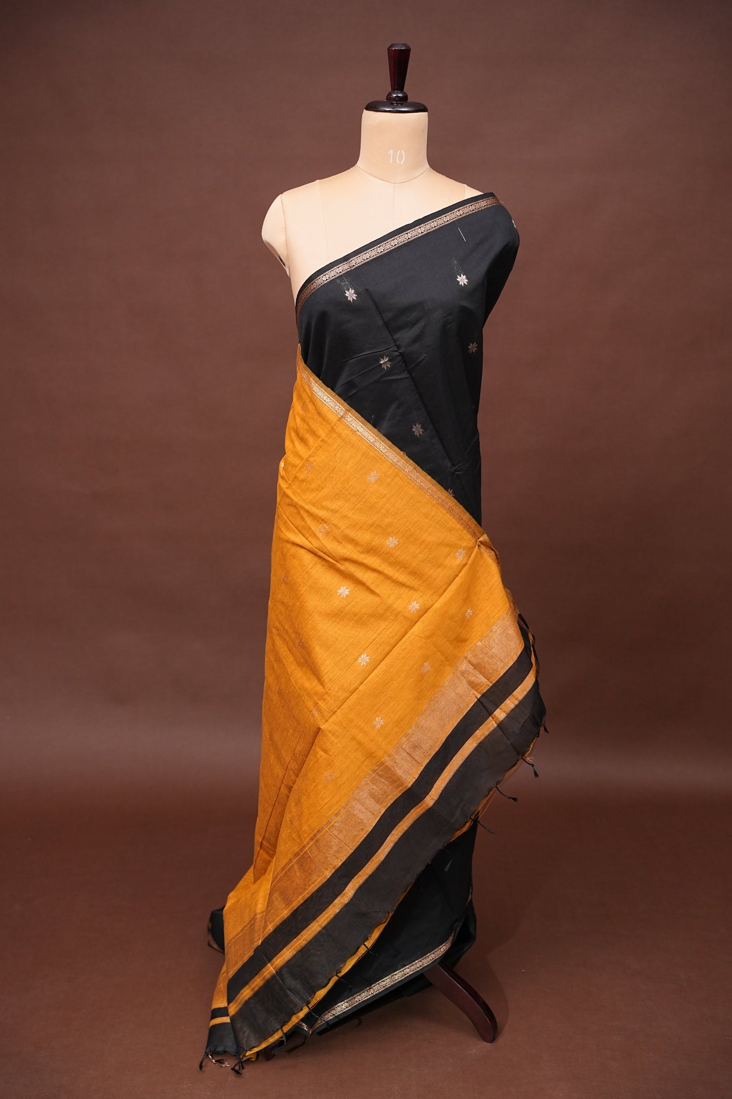 Maheshwari Silk Cotton Saree - Black & Mustard