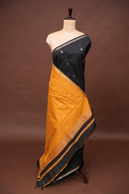 Maheshwari Silk Cotton Saree - Black & Mustard