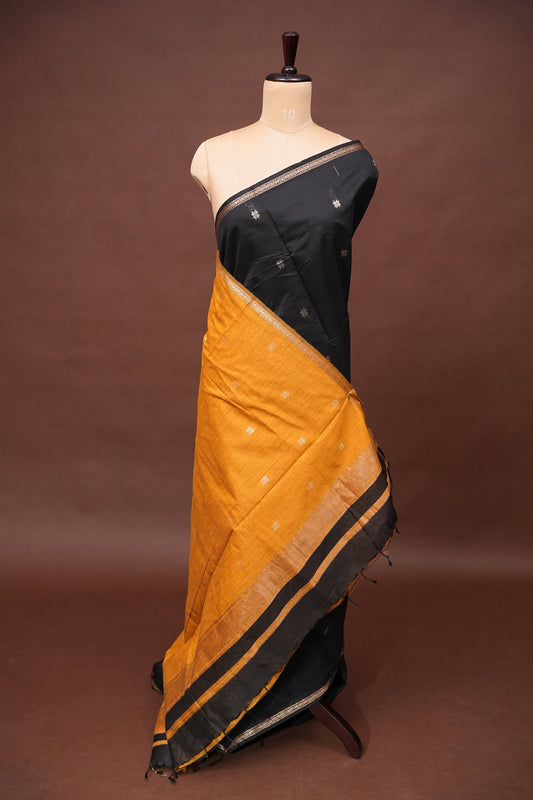 Maheshwari Silk Cotton Saree - Black & Mustard