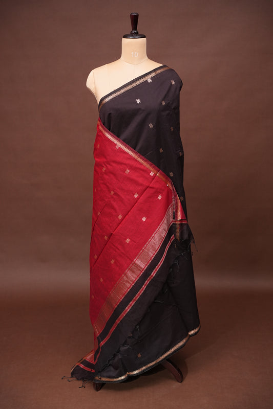 Maheshwari Silk Cotton Saree | Coffee with Red