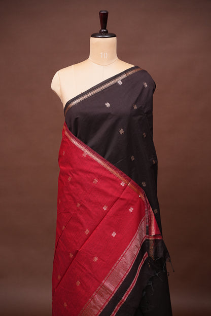 Maheshwari Silk Cotton Saree | Coffee with Red